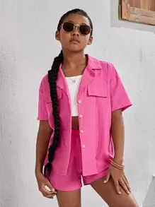 SHEIN Leap Crew Áo trễ vai cổ ve áo cho bé gái & quần soóc với cami - Hồng - Xem 7