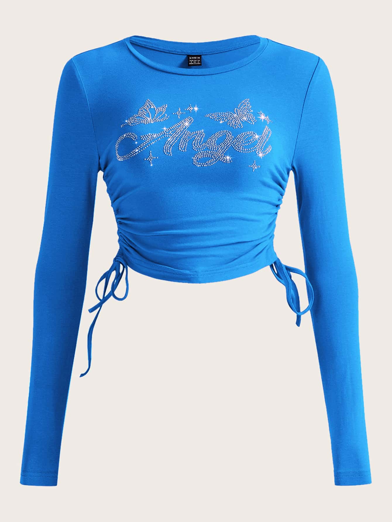 SHEIN ICON 水鑽字母圖案側抽繩短款T恤 - 藍色 - 查看 1