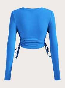 SHEIN ICON 水鑽字母圖案側抽繩短款T恤 - 藍色 - 查看 2