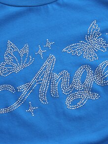 SHEIN ICON 水鑽字母圖案側抽繩短款T恤 - 藍色 - 查看 4