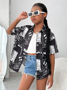 SHEIN 女孩滿版印花落肩袖襯衫不附吊帶上衣 - 黑與白 - 查看 1