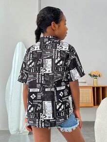 SHEIN 女孩滿版印花落肩袖襯衫不附吊帶上衣 - 黑與白 - 查看 2