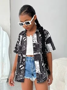 SHEIN 女孩滿版印花落肩袖襯衫不附吊帶上衣 - 黑與白 - 查看 4