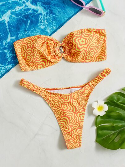 Ensemble de bikini d'été pour plage avec bandeau à bague imprimée florale