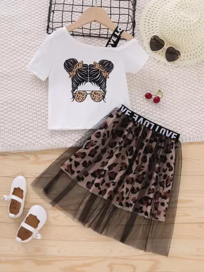 Young Girl Leopard Printed Sporty Streetwear Fashion City Regular Sleeve Off-Shoulder Collar Two Piece Set For Summer,Holiday,Summer,Travel
