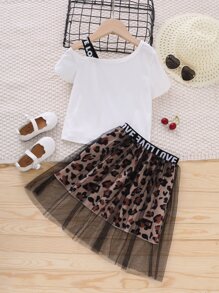 Young Girl Leopard Printed Sporty Streetwear Fashion City Regular Sleeve Off-Shoulder Collar Two Piece Set For Summer,Holiday,Summer,Travel