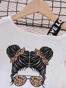 Young Girl Leopard Printed Sporty Streetwear Fashion City Regular Sleeve Off-Shoulder Collar Two Piece Set For Summer,Holiday,Summer,Travel