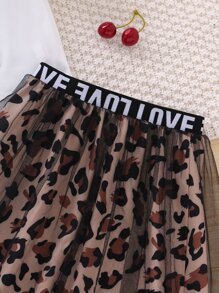 Young Girl Leopard Printed Sporty Streetwear Fashion City Regular Sleeve Off-Shoulder Collar Two Piece Set For Summer,Holiday,Summer,Travel