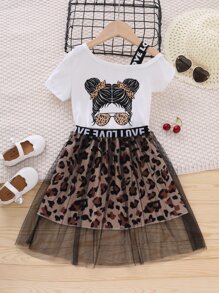 Young Girl Leopard Printed Sporty Streetwear Fashion City Regular Sleeve Off-Shoulder Collar Two Piece Set For Summer,Holiday,Summer,Travel