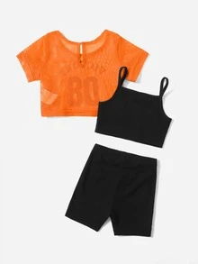 SHEIN 嬰兒字母圖案T恤和短褲和貼身吊帶背心 - 橘色 - 查看 2