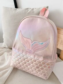 Girls Holographic Quilted Pattern Fish Tail Decor Classic Backpack