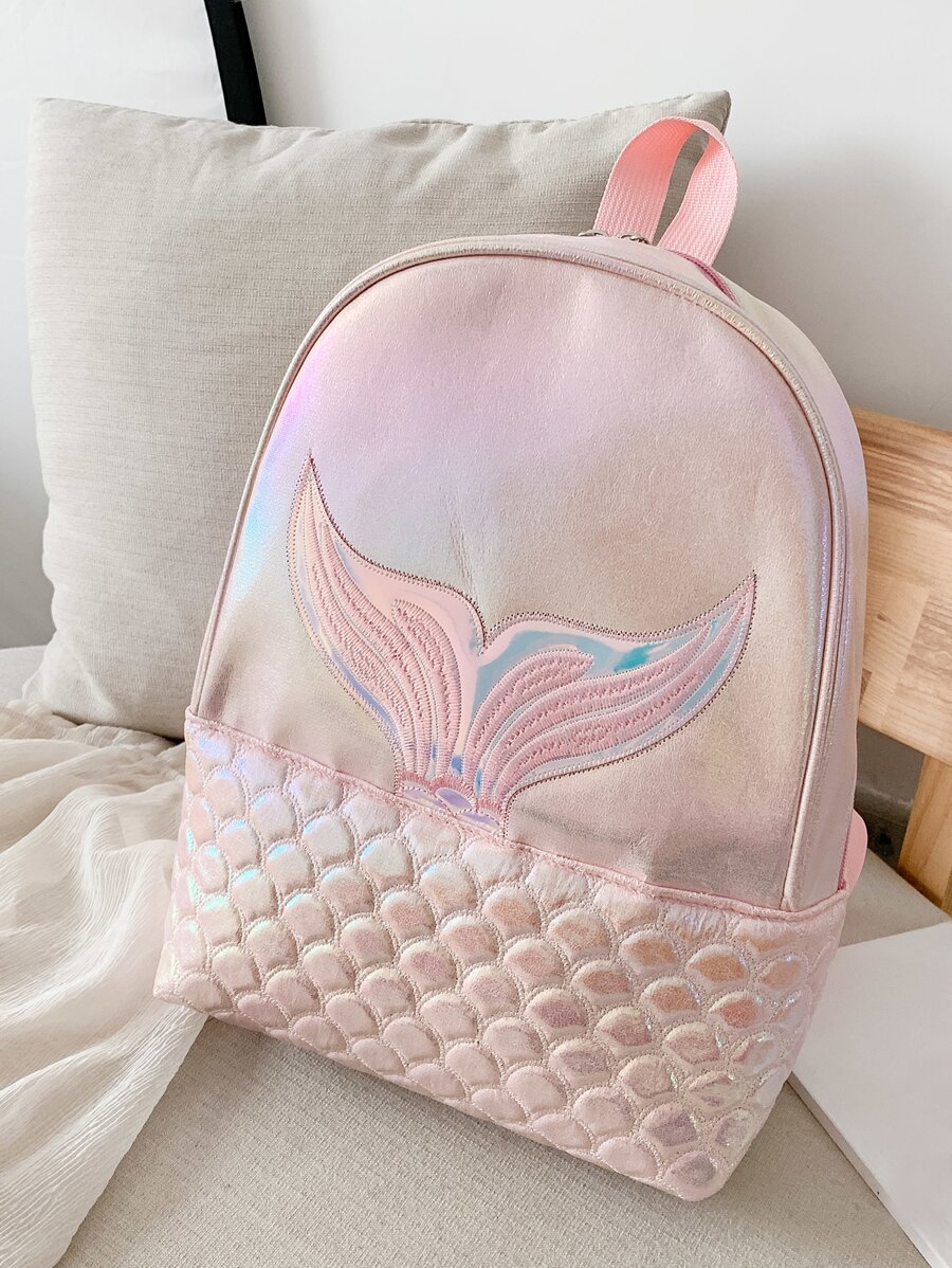 Girls Holographic Quilted Pattern Fish Tail Decor Classic Backpack