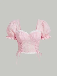SHEIN MOD 提花前繫帶泡泡袖褶邊側邊綁帶襯衫 - 淺粉色 - 查看 1