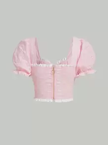 SHEIN MOD 提花前繫帶泡泡袖褶邊側邊綁帶襯衫 - 淺粉色 - 查看 2