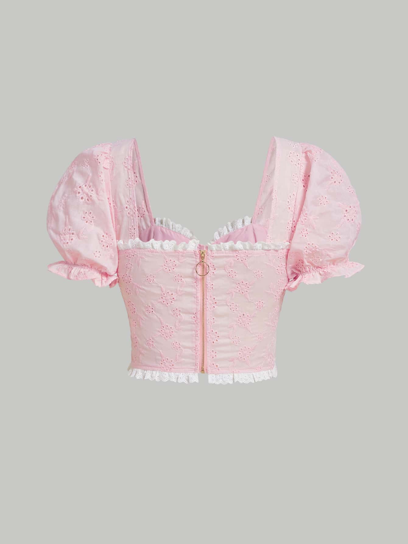 SHEIN MOD ジャガード レースアップフロント パフスリーブ フリルトリム レースアップサイド ブラウス - ベビーピンク - 見る 2