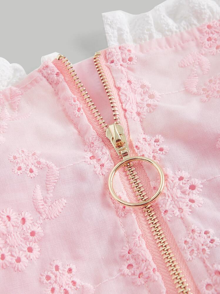 SHEIN MOD ジャガード レースアップフロント パフスリーブ フリルトリム レースアップサイド ブラウス - ベビーピンク - 見る 3