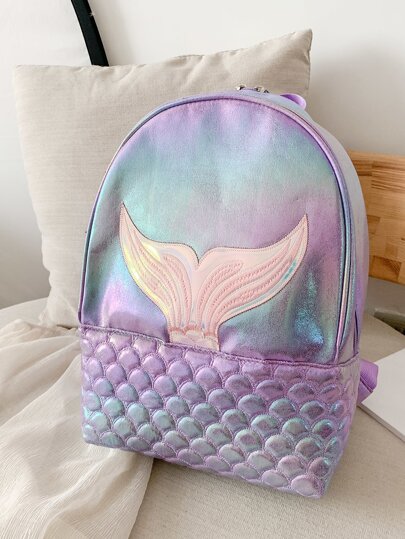 Girls Holographic Quilted Pattern Fish Tail Decor Classic Backpack