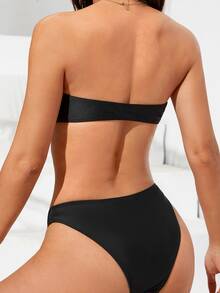 Ring Linked Bandeau Summer Beach Bikini Set - Black - View 2