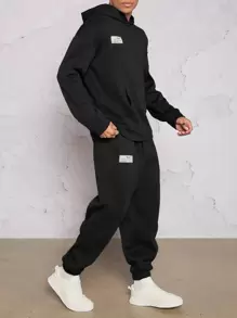Manfinity VCAY Áo hoodie túi vá chữ cho nam và quần nỉ cạp rút dây, dành cho mùa thu đông, quần áo - màu đen - Xem 1