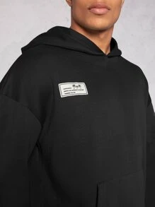 Manfinity VCAY Áo hoodie túi vá chữ cho nam và quần nỉ cạp rút dây, dành cho mùa thu đông, quần áo - màu đen - Xem 3