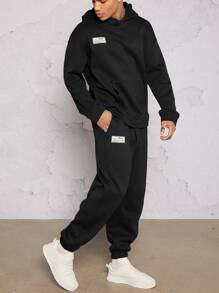 Manfinity VCAY Áo hoodie túi vá chữ cho nam và quần nỉ cạp rút dây, dành cho mùa thu đông, quần áo - màu đen - Xem 4