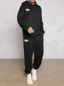 Manfinity VCAY Áo hoodie túi vá chữ cho nam và quần nỉ cạp rút dây, dành cho mùa thu đông, quần áo - màu đen - Xem 5