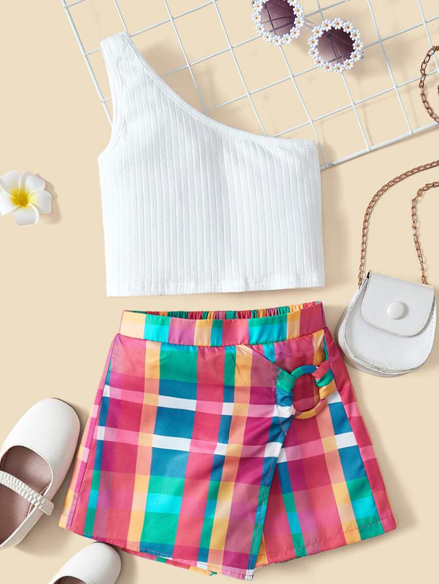 SHEIN 小女童單肩上衣和格紋印花搭扣細節裙裤 - 彩色 - 查看 1