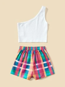 SHEIN 小女童單肩上衣和格紋印花搭扣細節裙裤 - 彩色 - 查看 2
