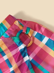 SHEIN 小女童單肩上衣和格紋印花搭扣細節裙裤 - 彩色 - 查看 4