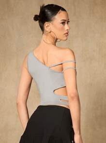 SHEIN ICON Solid Asymmetrical Neck Cut Out Crop Top - Light Grey - View 2