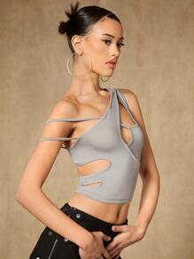 SHEIN ICON Solid Asymmetrical Neck Cut Out Crop Top - Light Grey - View 5