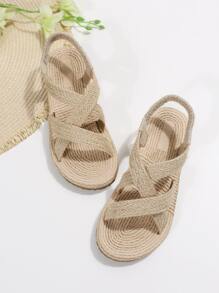 女士編織細節交叉帶編織露趾露跟度假夏天戶外草編踝帶平底涼鞋 - 杏色 - 查看 5