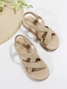 女士編織細節交叉帶編織露趾露跟度假夏天戶外草編踝帶平底涼鞋 - 杏色 - 查看 6