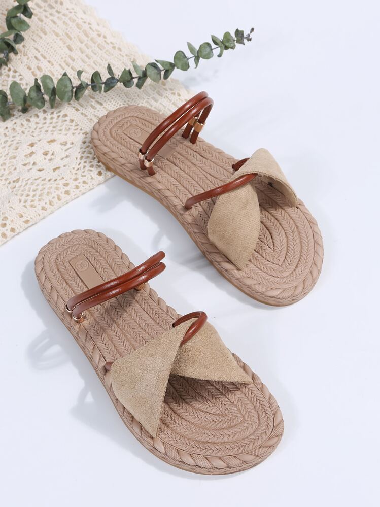 新作 夏秋用 白 ラウンドトゥ カジュアル サンダル、エレガントなグラディエーターデザイン ビーチサンダル - アプリコット - 見る 2