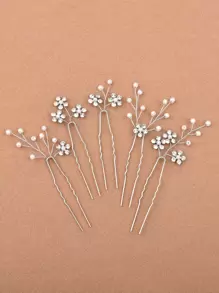 5 chiếc Kim Cương Giả & Ngọc Trai Giả Trang Trí Kẹp Tóc Cô Dâu - Bạc - Xem 1