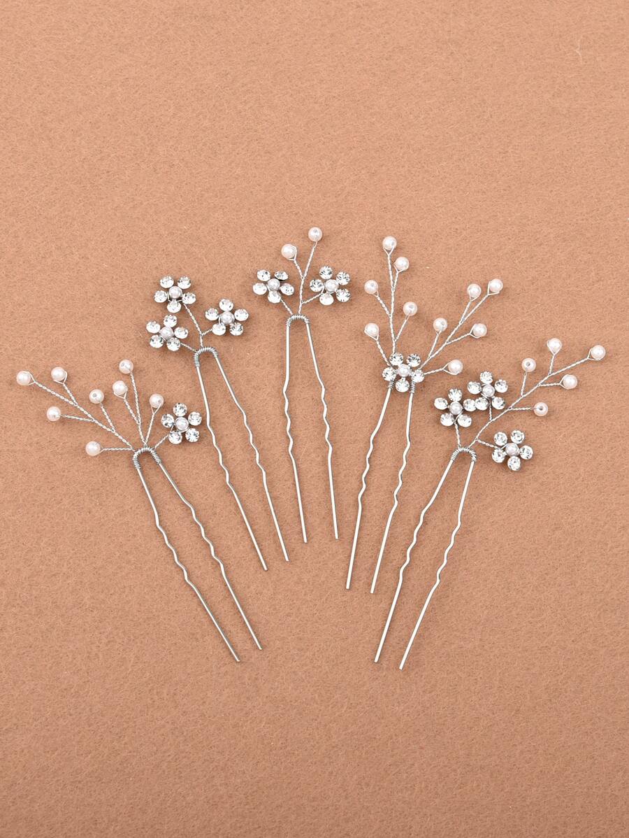 5 chiếc Kim Cương Giả & Ngọc Trai Giả Trang Trí Kẹp Tóc Cô Dâu - Bạc - Xem 1