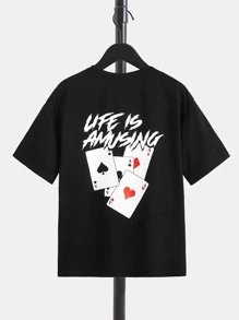 SHEIN Boys Playing Card & Slogan Graphic Drop Shoulder Tee - Black - View 1