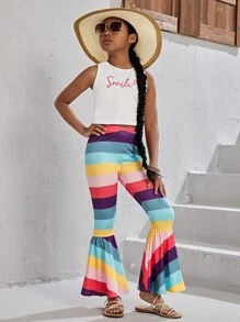 SHEIN Girls Letter Graphic Tank Top & Colourblock Flare Leg Trousers - Multicolor - View 1