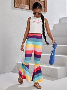 SHEIN Girls Letter Graphic Tank Top & Colourblock Flare Leg Trousers - Multicolor - View 3