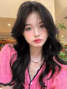 T-shape Lace Center-parting Front Long Curly Wig, 13*4*1 Black Brown Semi-machine Made Wig For Daily Wear, Natural And Realistic - Brown - View 4