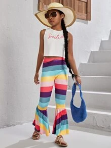 SHEIN Girls Letter Graphic Tank Top & Colourblock Flare Leg Trousers - Multicolor - View 4