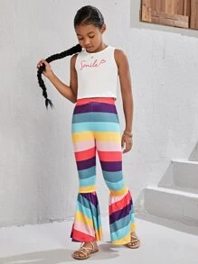 SHEIN Girls Letter Graphic Tank Top & Colourblock Flare Leg Trousers - Multicolor - View 5