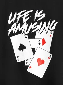 SHEIN Boys Playing Card & Slogan Graphic Drop Shoulder Tee - Black - View 4