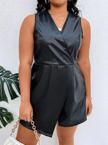 SHEIN LUNE Plus Surplice Neck Wrap Hem PU Leather Romper - Black - View 2