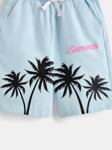 SHEIN Boys Coconut Tree & Letter Graphic Drawstring Waist Shorts - Baby Blue - View 3