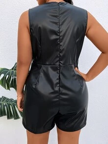 SHEIN LUNE Plus Surplice Neck Wrap Hem PU Leather Romper - Black - View 3