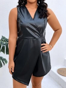 SHEIN LUNE Plus Surplice Neck Wrap Hem PU Leather Romper - Black - View 1