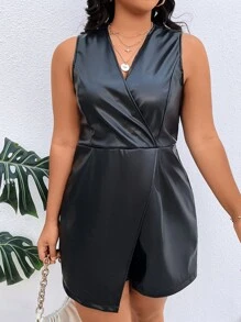 SHEIN LUNE Plus Surplice Neck Wrap Hem PU Leather Romper - Black - View 5