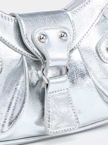 金屬質感鉚釘裝飾流浪包 - 銀色 - 查看 5