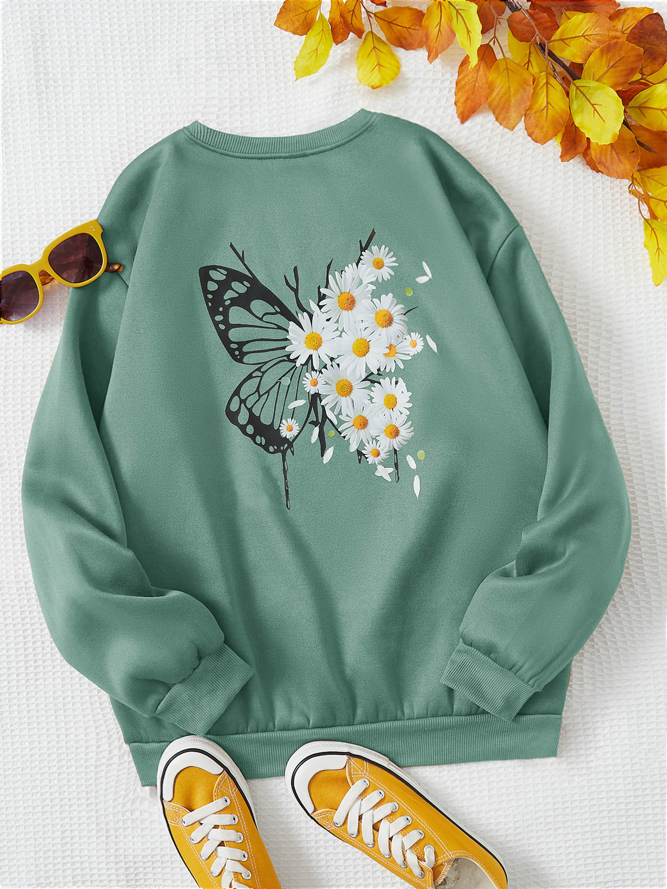 SHEIN EZwear 花卉和蝴蝶印花保暖衬里运动衫毕业、返校服装、毕业、女士教师服装、返校秋冬女士服装 - 薄荷綠 - 查看 1